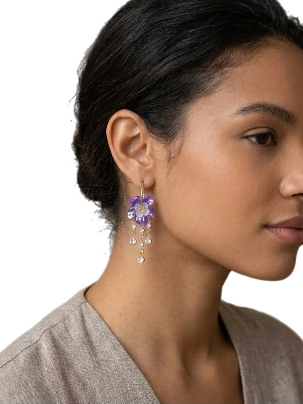 Purple Flower Drop Earrings with Rhinestone Dangles Gold Tone